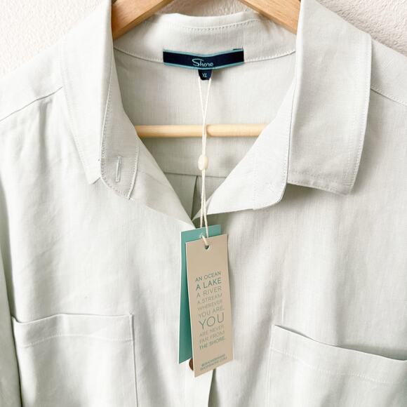 SHORE x NORDSTROM | Light Green Collared Short Sleeve Button Linen Blend | XL - Picture 5 of 8